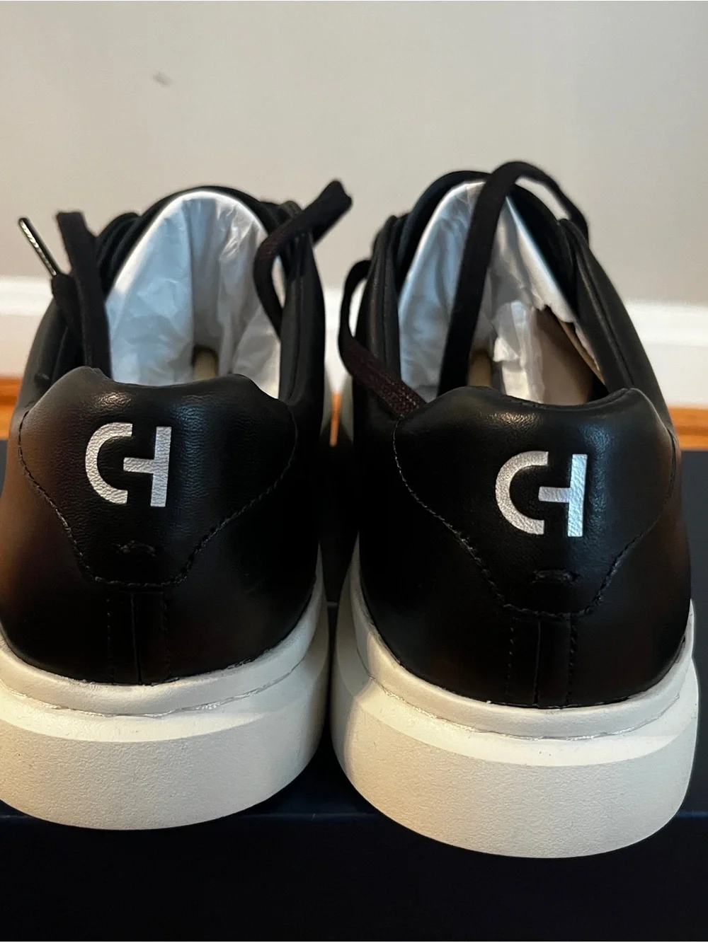 Cole Haan Black Leather Perforated Low-Top Sneakers with White Sole